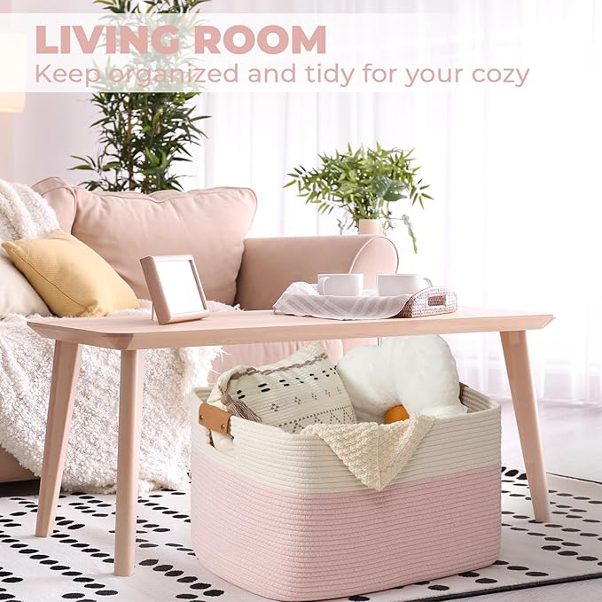 danpinera Woven Rectangle Storage Basket, Large Blanket Basket for Living Room,Kids Room, Storage Bin Box with Handle for Pillows, 22’’*17’’*11.8’’, 72L, White/Pink