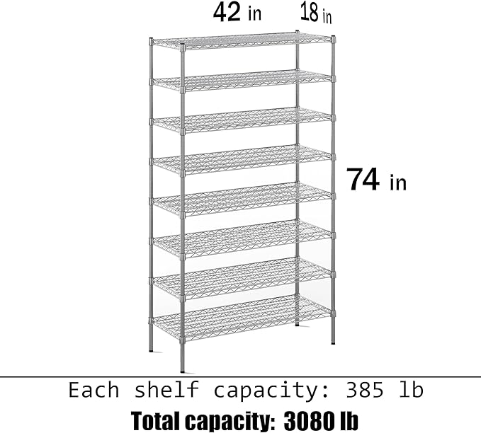 18" Deep x 42" Wide x 74" Height Wire Shelving Kit | 8-Tier | NSF Commercial Storage Rack Unit