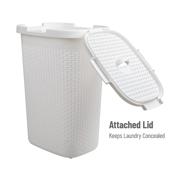 Mind Reader Slim Laundry Hamper with Lid, 60L Clothes Basket, Premium Wicker Design, Plastic, White