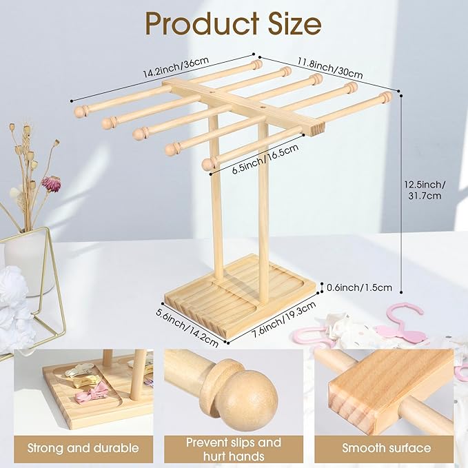 POVETIRE Headband Holder Stand Bow Organizer for Girls, 5 Row Wooden Bow Holder for Girls Hair Bows,Baby Headband Storage Infant Hair Accessories Rack Display for Nursery Decor