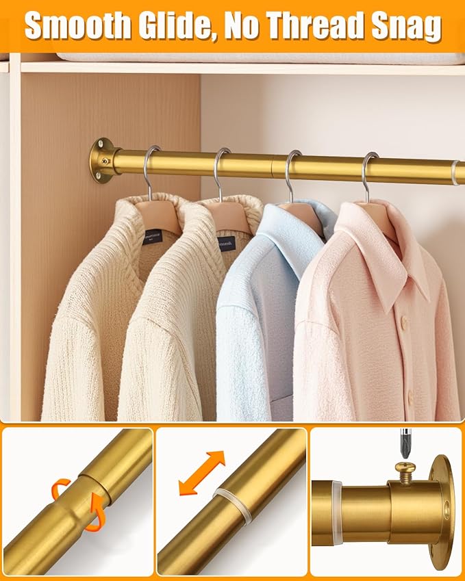 Closet Rods for Hanging Clothes, 17-40 Inch Heavy Duty and Stepless Adjustable Closet Poles, Stainless Steel Closet Hanging Rod for Closet, Wardrobes, Laundry Room, Bathroom, RV (Gold)