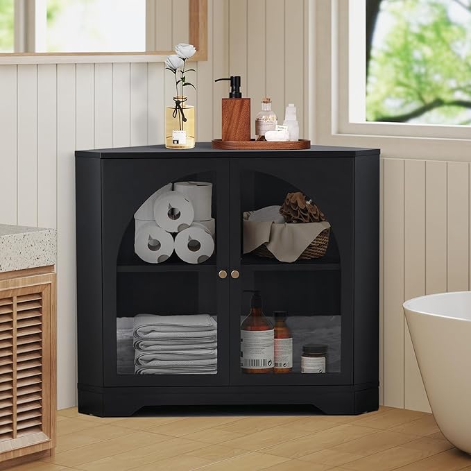 31.5" Mid-Century Modern Small Coner Storage Cabinet, Black Coner Cabinet with Arched Acrylic Mullion Door & Adjustable Shelf for Living Room, Bathroom, Kitchen Coofee Bar (Black)