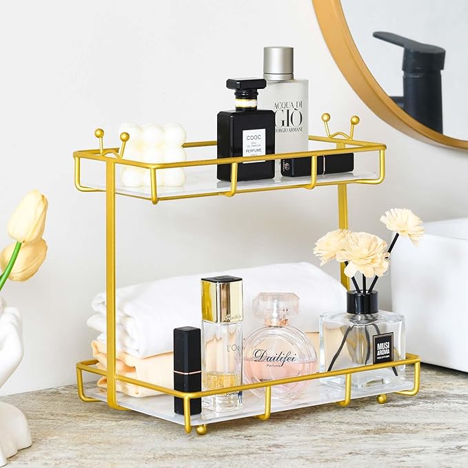 Bathroom Counter Organizer Makeup Organizer 2 Tier Vanity Tray Dresser Stainless Steel Gold Shelf