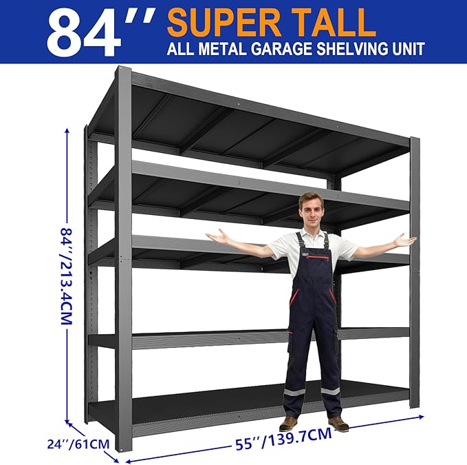 84''H Garage Shelving Heavy Duty, 3050LBS Storage Shelves, Adjustable Metal Shelf, Strong Steel Shelving, Metal Storage Rack for Garage Organization, Basement, Workshop.