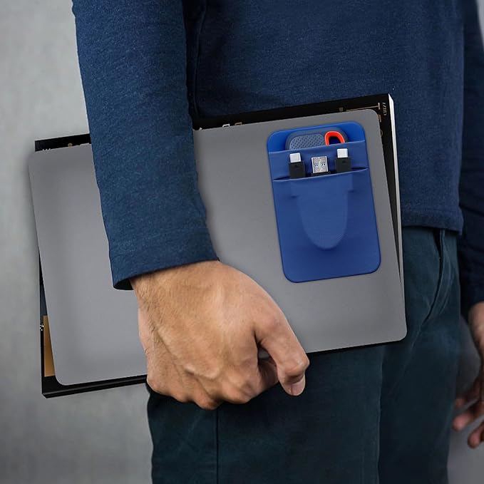Lacdo Portable Hard Drive Sleeve for Laptop, 2-Pocket Stick on Pouch with Reusable Adhesive, for SanDisk, Samsung, Crucial, Portable External Solid State Drive SSD Hard Drive Carrying Case, Blue