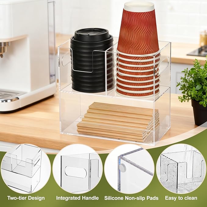 MYITYARD Coffee Cup Holder for Countertop, 2-Tier Clear Acrylic Cup Dispenser, Coffee Bar Accessories Organizer, Paper Cup and Lid Holder with Straw Organizer for Office, Home (3 Compartment)