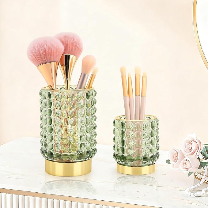 DASITON Makeup Brush Holder Organizer, Crystal Cosmetic Make Up Brush Holder, Glass Makeup Brushes Storage Organizer, Vintage Make Up Cup Desk Pen Pencil Holder, Toothbrush Holders (Green S+L)