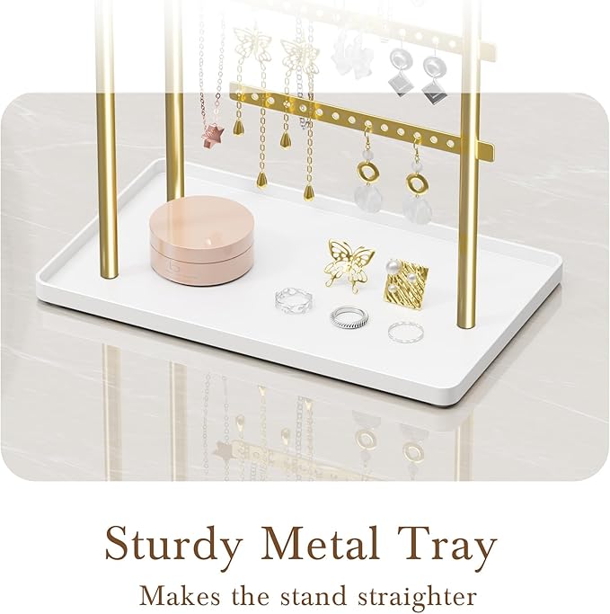 Jewelry Holder Organizer Stand - Adjustable Tall 17.5" (Max), Sturdy Jewelry Hanger for Necklaces, Earrings, Bracelets, Rings, Jewlery Display and Storage, Gold and White, Metal