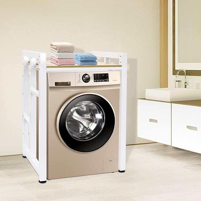 Washer Dryer Stacking Rack Stand, Heavy Duty Washer&Dryer Storage Shelves, Space Saver Stackable Storage Shelf for Laundry Room Apartments Bedrooms (White, Light Walnut)