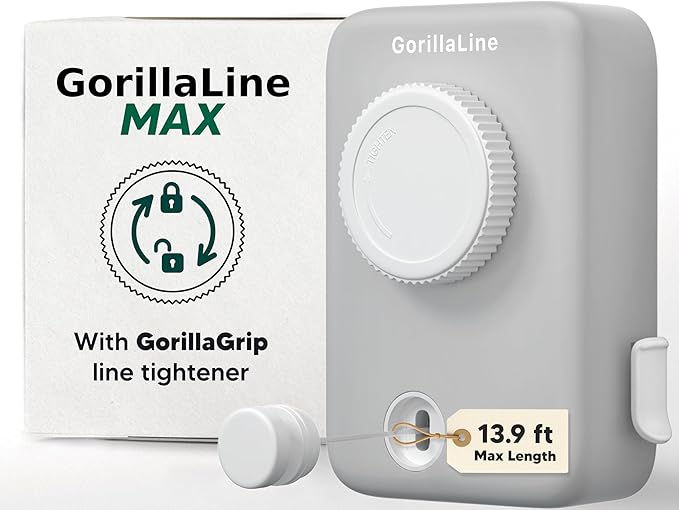 GorillaLine Max - Retractable Clothesline Indoor Outdoor Clothes Line - Heavy Duty Clothes Drying Laundry Line - Wall Mounted Drying Rack - Air Dry Clothing - Max Tighten with GorillaGrip