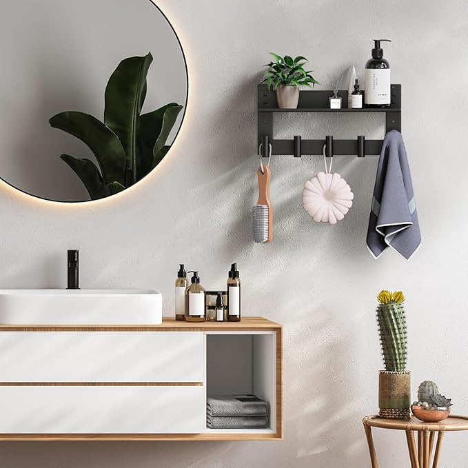 VAEHOLD Wall-mounted Coat Rack with Shelf Wall Hooks with Upper and Lower Double Storage Entryway Shelf with 5 Stainless Steel Hooks to Hang Clothes Towels Bathrobe Purse(Black)