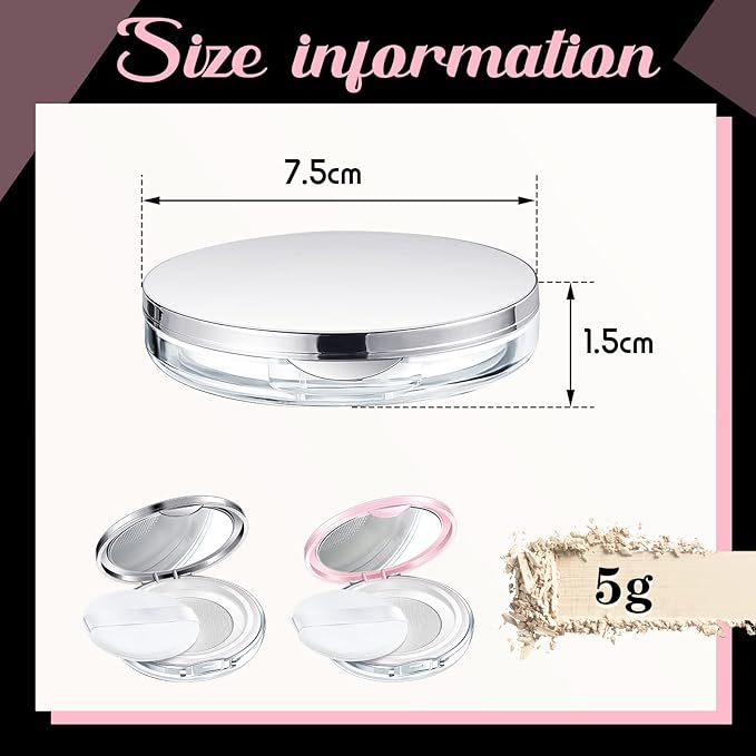 Cunhill 2 Pcs Loose Powder Container with Puff 0.17/0.7 oz Reusable Plastic Portable DIY Makeup Empty Powder Case with Mirror and Net Sifter(Pink, Silver)