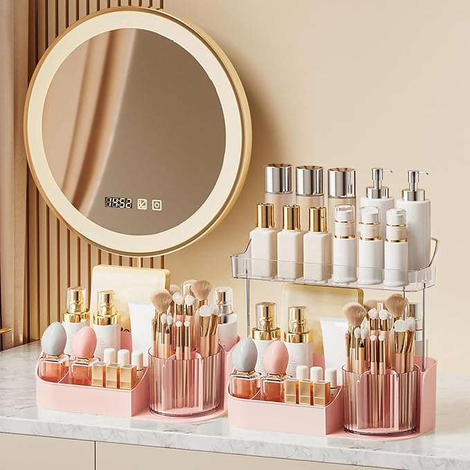 DASITON Large Capacity Makeup Organizer with 360° Rotating Makeup Brush Holder, Perfume and Skincare Storage Organizers for Vanity Bathroom Countertop, Cosmetic Display Case (Pink, 1 Tier)