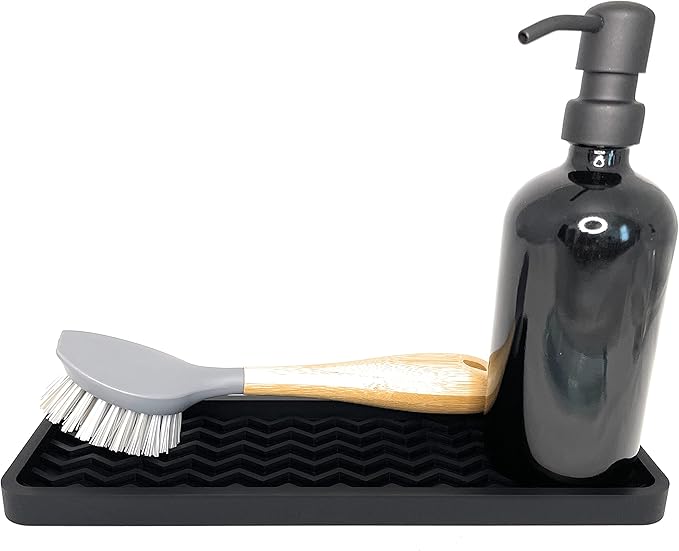 Happitasa Silicone Kitchen Sink Organizer Tray, Sponge Holder and Countertop Protector | Bathroom and Kitchen Soap Dish and Dispenser Tray (Black, 12" x 4", 9.2 Ounces, Zigzag)