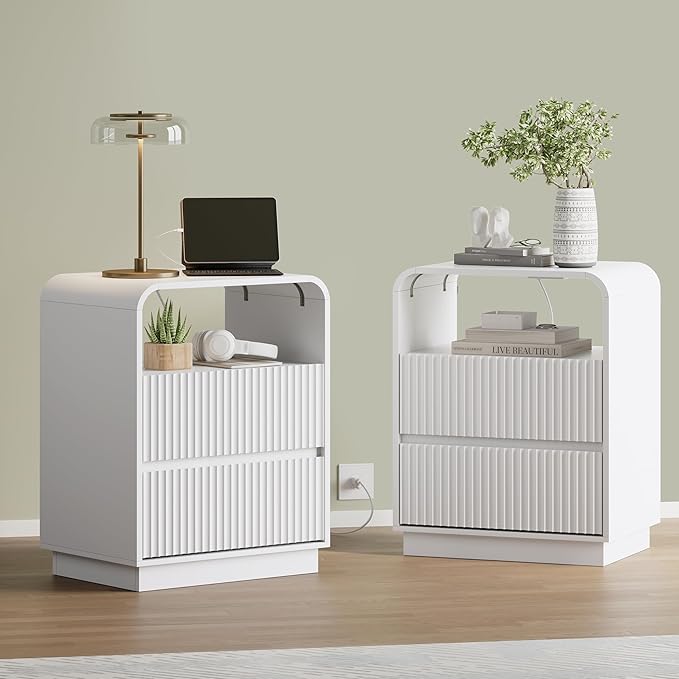 White Nightstands Set of 2 with Charging Station, Mid Century Modern End Tables & Bedside Tables, Fluted Wood Small Night Stands with 2 Hidden Drawers and Storage Shelf for Bedroom