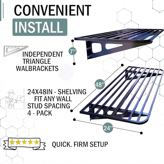 Garage Shelving Wall Mounted, 2-Pack 2x8ft Garages Shelving 24-inch-by-96-inch Wall Shelf Garage Storage Rack Floating Shelves, Space-Saving Black