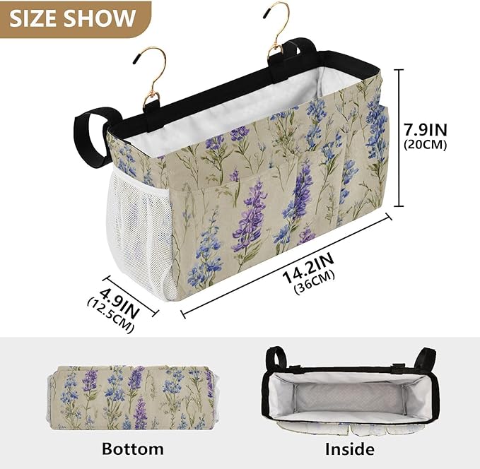 Bluebonnet Lavender Bedside Caddy for Dorm Bed Bedside Hanging Caddy Bag Iron Frame Storage Organizer Pocket for Bunk Home College Hospital Beds 2 Hooks