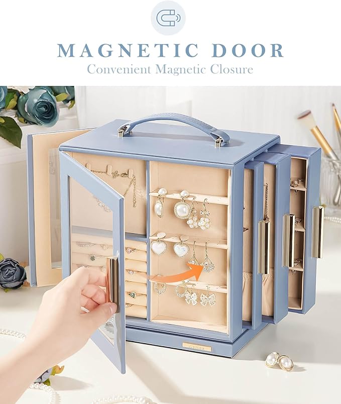 Homde Christmas Gifts Jewelry Box 360° Rotating, Necklace Earring Organizer with Transparent Window, Mirror, 7 Drawers, Large Ring Display Storage Case for Girls Women (Grey Blue)