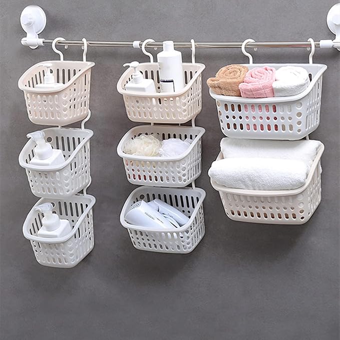 3PCS Plastic Hanging Baskets for Shower, Hanging Basket Organizer with Hooks, Rectangle 8.5Inches Small Hanging Storage Basket (Beige)