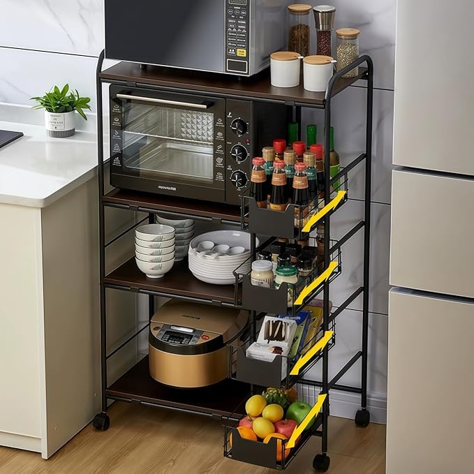 5-Tier Kitchen Carts on Wheels with Storage, Rolling Storage Cart with Handles, Lockable Wheels, 4 Drawers, Utility Carts on Wheels Microwave Stand for Kitchen, Living Room