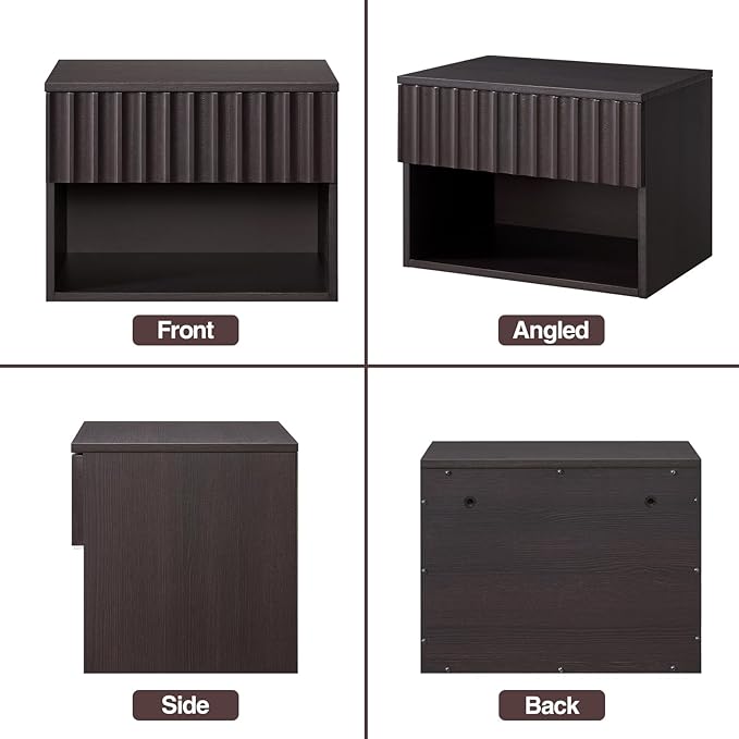 Floating Nightstand with Fluted Drawer - Modern Wall Mounted Bedside Table with Open Storage Shelf, Small Night Stand TV Stand for Bedroom(Espresso)