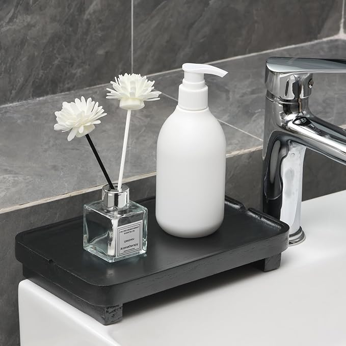 Wood Riser Small Decorative Tray Sink Soap Dish, Vanity Tray Pedestal Stand 9 x 5.9 inches (Black)