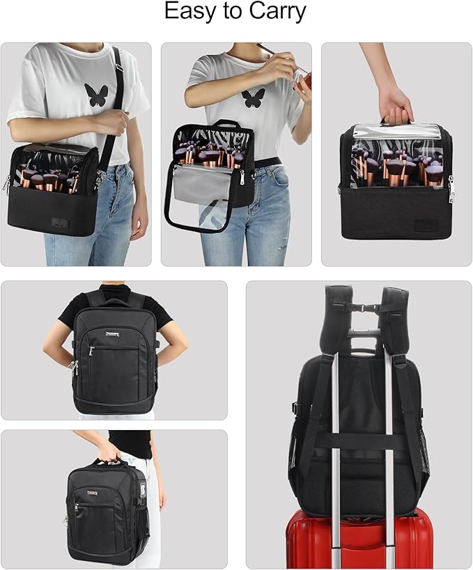 TANTO Makeup Backpack Makeup Artist Bag Professional Extra Large Cosmetic Bags Travel Train Case Storage Organizer Double-Layer Cosmetic Case with 4 Pouch and 2 Brush Bag (Black, Three)