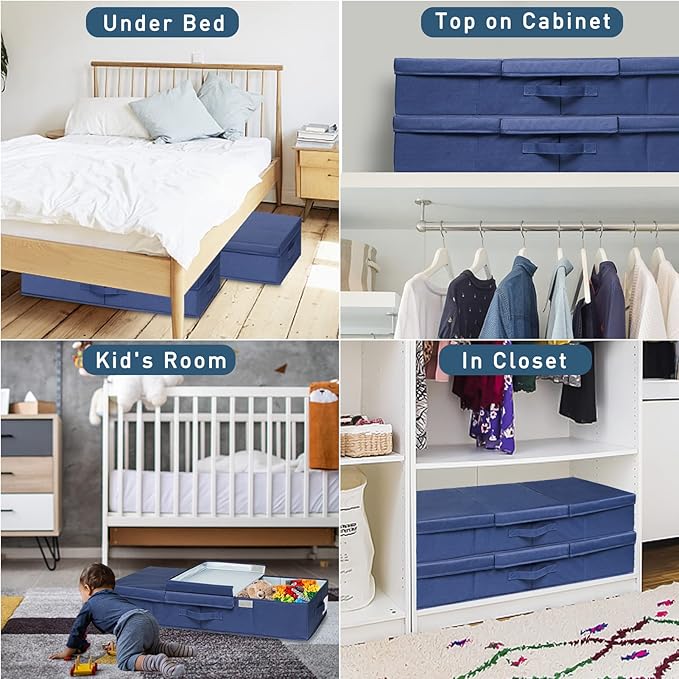 punemi Under Bed Storage Containers, 2 Pack Under Bed Organizer With Lids, Long Flat Stackable Clothes Storage Bins Large Underbed Storage, Organization and Storage Closet For Toys Blankets, Navy