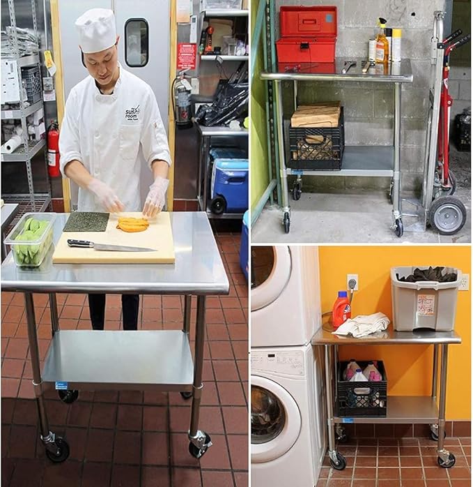AmGood Stainless Steel Work Table with 2 Shelves and Casters | Metal Utility Table On Wheels (Stainless Steel, 84" Long x 30" Deep)
