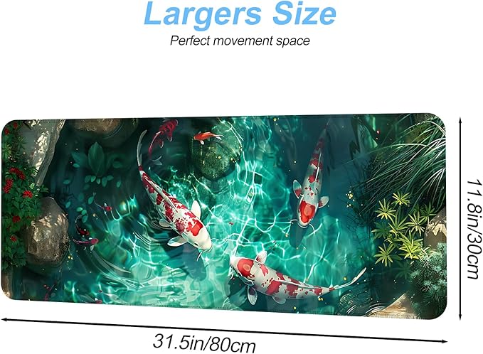 Koi Fish Mouse Pad XXL – Large Japanese Pond Desk Mat with Water Reflection, Extended Non-Slip Gaming Mousepad for Office, Home, Laptop, Workstation, 31.5 x 11.8 in