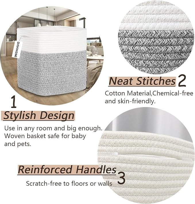 Cube Storage Bins 11 Inch Cotton Rope Woven Storage Basket for Organizing 3 Pack | Storage Cubes for Organization and Storage | Square Cube Organizer | Basket for Shelves | Toy Bin（Grey）