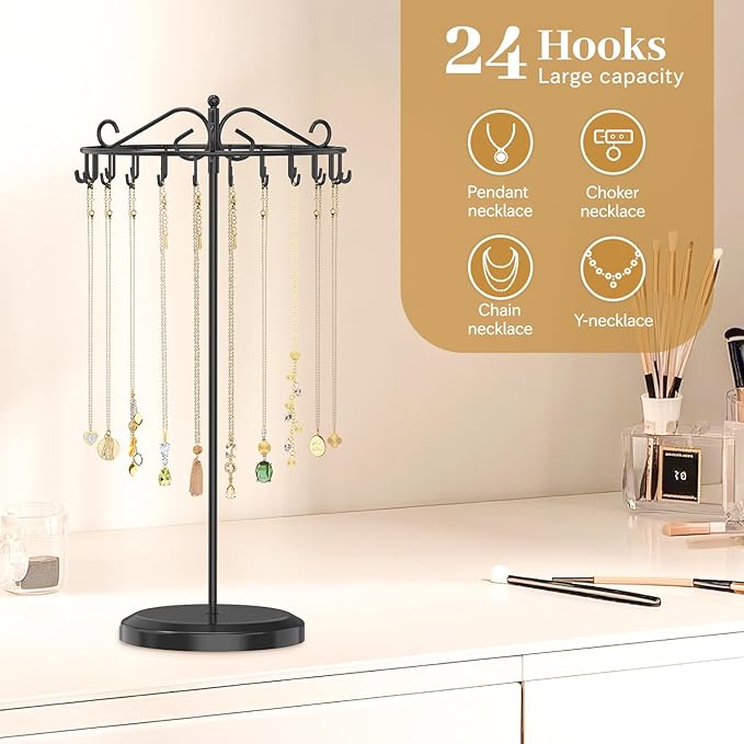 MODOWEY Rotating Necklace Holder Organizer Display Stand with 24 Hooks, Metal Spinning Tree for Long Necklace Hanger Selling, Tall Spinning Bracelet Storage Rack for Men Women Dresser, Black