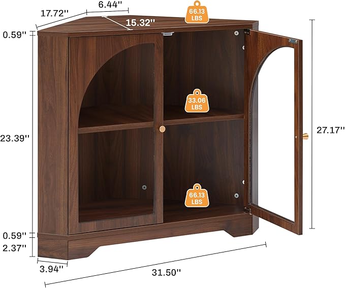 Mid-Century Floor Coner Storage Cabinet, 23" Short Small Wood Coner Cabinet with Adjustable Shelve & Acrylic Arched Mullion Doors for Bathroom, Living Room, Kitchen, Coofee Bar (Walnut)