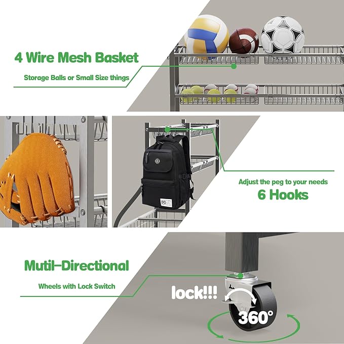 Garage Sports Equipment Organizer,Ball Storage With Four Baskets And Six Hooks,Sports Organizer For Garage,Heavy Duty Garage Organizer,Garage Storage,Garage Organization,Outdoor Toy Storage