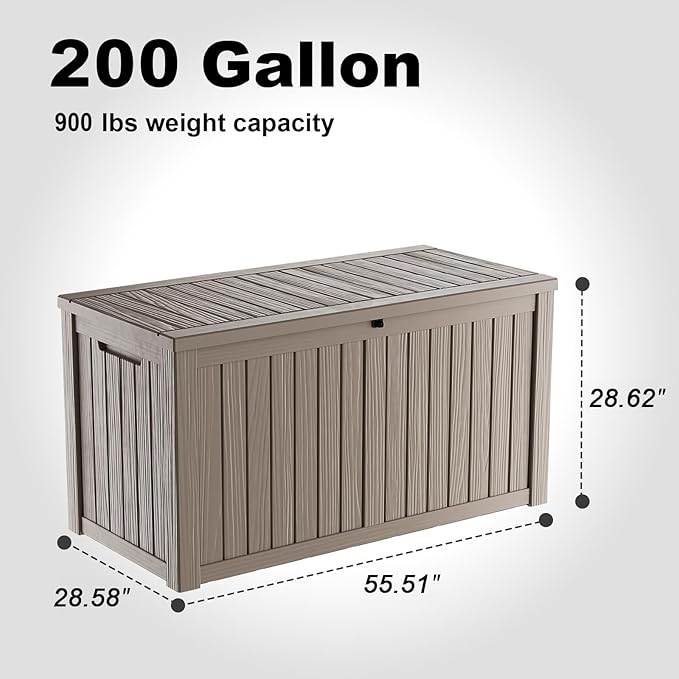 200 Gallon Waterproof Outdoor Storage Box, UV Resistant Resin Deck Box with Hydraulic Rod for Reinforced Stability, Perfect for Patio, Garden, and Pool, Grey