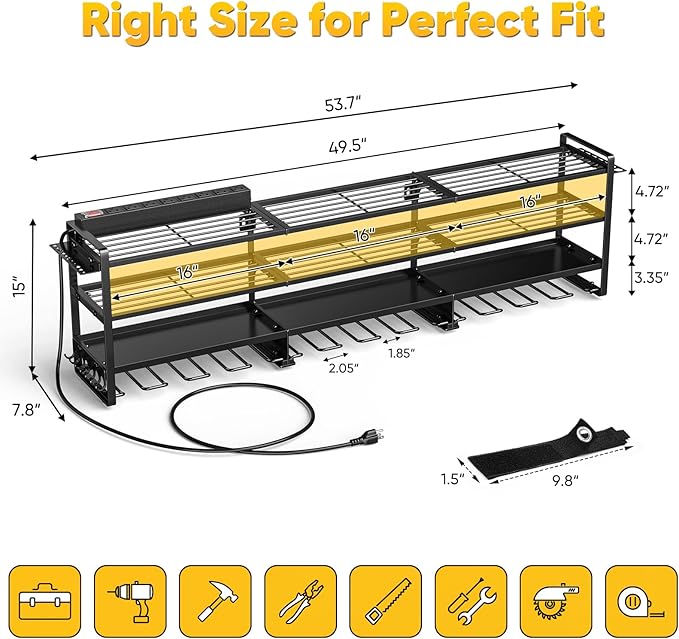 49.5" W Large Power Tool Organizer Wall Mount with Charging Station, 4 Tier Heavy Duty 12 Cordless Drills Holder Load 800 lb, Tool Battery Storage Rack Built in 8 Outlet Power Strip for Garage