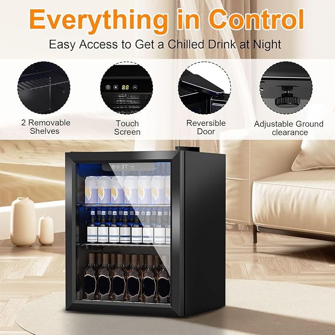 Beverage Refrigerator Cooler, 72 Can Mini Fridge Glass Door for Drinks Soda, Beer, or Wine - Small Refrigerator for Office Bedroom Home Bar, Adjustable Shelves, 1.7 Cu.Ft, Black