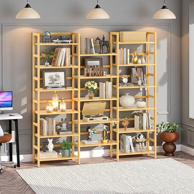 Homykic Bamboo Triple Wide Bookshelves and Bookcases, 6-Tier Shallow Open Bookcase with 17 Display Shelves, 6ft Super Large Freestanding Book Shelf for Home Office, Bedroom, Living Room
