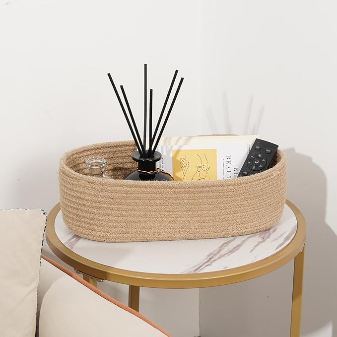 Temary Toilet Paper Basket, Narrow Cotton Rope Storage Bins with Handles, 2 Pack Small Decorative Baskets for Organizing Bathroom, Bedroom, Living Room (Jute, 13x5.9x3.9)