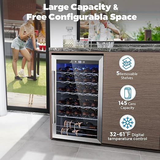 COWSAR 37 Bottle Wine Fridge, 4.45 Cu.Ft Freestanding Commercial Beverage Refrigerator with Reversible Double Pane Glass Door & Adjustable Wavy Wire Shelves, Wine Cooler for Kitchen Bar, Silver