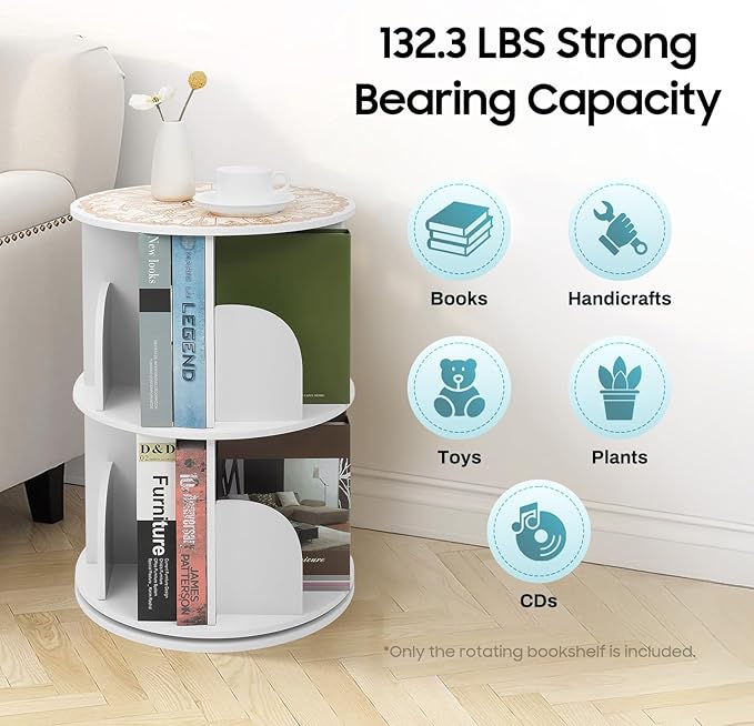 Rotating Bookshelf, 360° Spinning Bookcase with 8 Compartments, Modern White Kids Bookshelf for Small Spaces, Sturdy PVC Storage Organizer for Living Room, Bedroom, Study Room (2)
