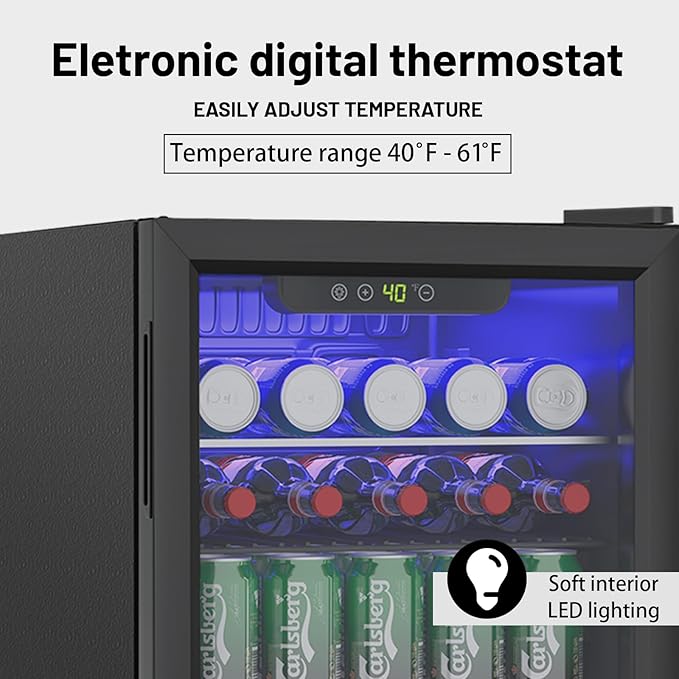 95 Can Mini Fridge - 2.6 Cu.Ft Beverage Refrigerator with Reversible Glass Door for Soda Wine Beer, Adjustable Temperature Control for Home Office Bar, Black(40-61 ℉)