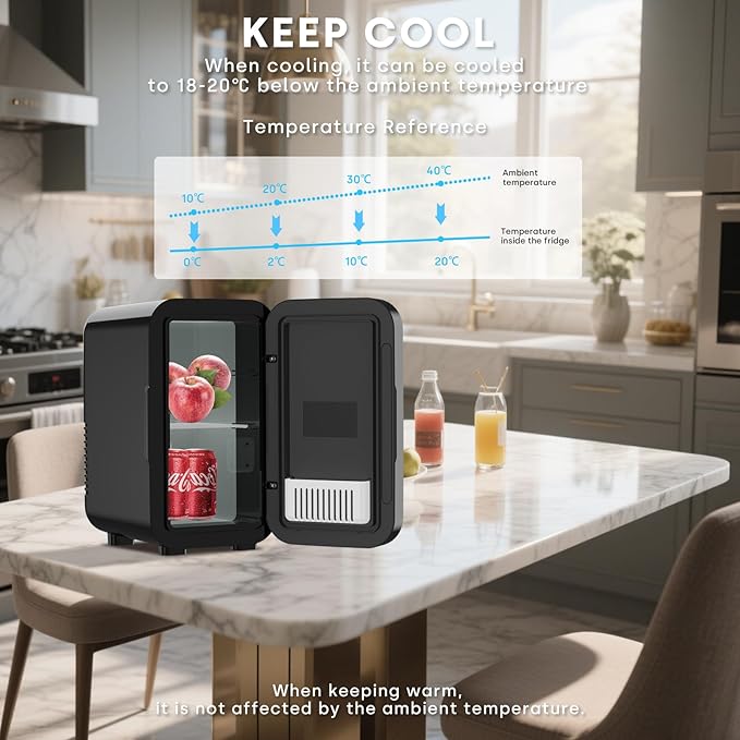 Enventor Mini Refrigerator, 6L/ 8 Can Compact Skincare Fridge AC+DC Power Cooler & Warmer Small Refrigerator for Bedroom, Skincare, Makeup, Cosmetics, Car, Office (Black)