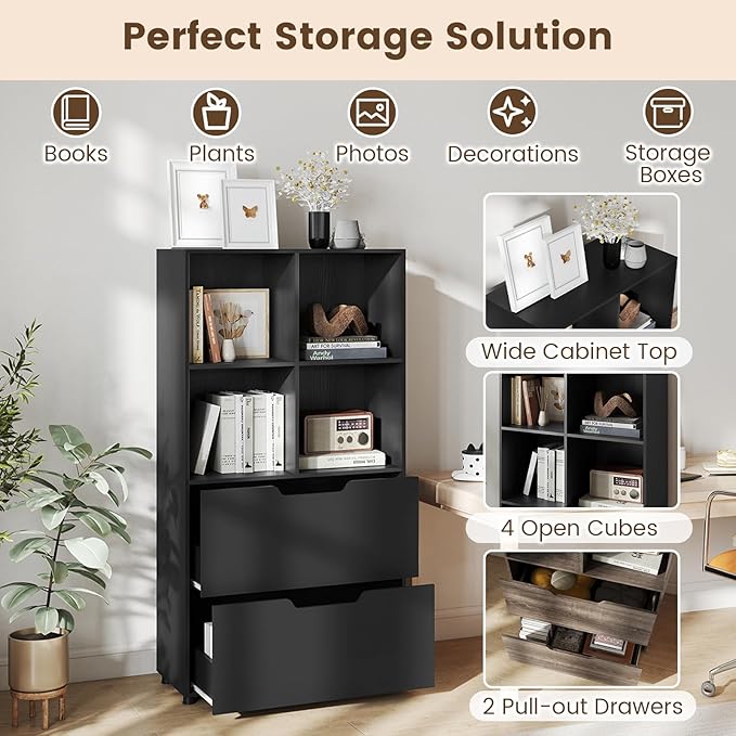 GOFLAME 4-Tier Bookcase with 2 Drawers, 51” Tall Bookshelf with 4-Cube Open Shelf, Wood, Modern, Freestanding Display Storage Organizer Shelf for Living Room, Home Office (2,Black)