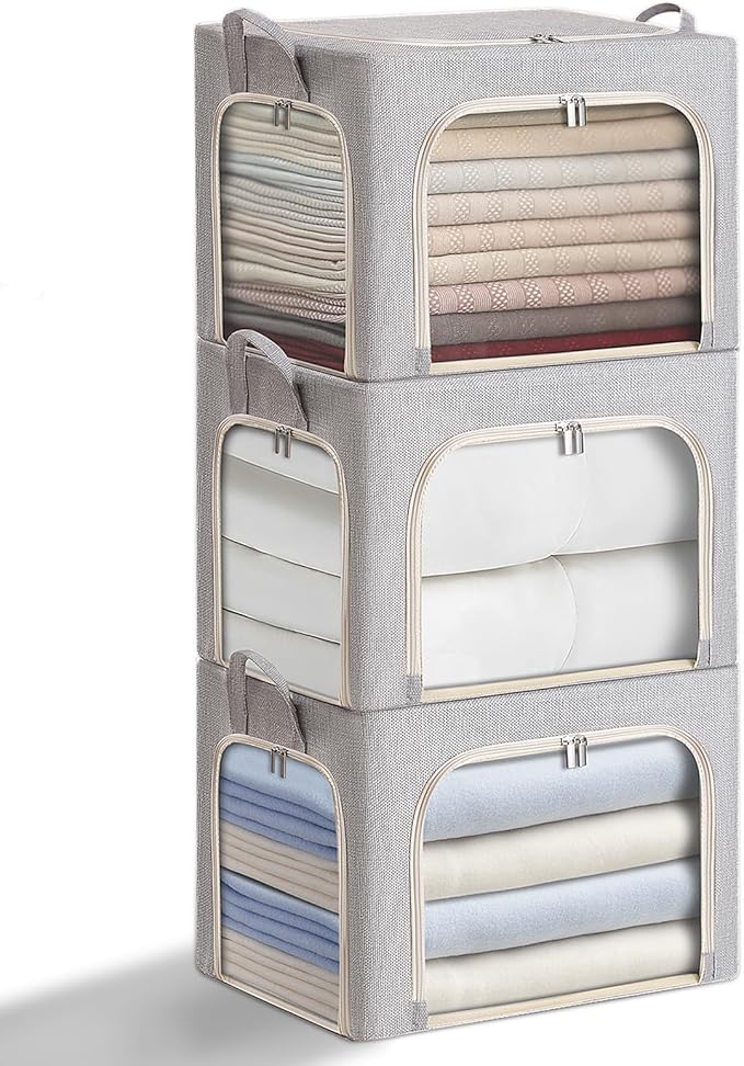 combocube 3-Side Zippered Openings Clothes Storage Bins with Thick Metal Frame, Stackable & Foldable Clothing Storage Bins with Lid, Linen Fabric Closet Storage Box with Large Clear Window, 3 Pack