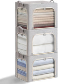combocube 3-Side Zippered Openings Clothes Storage Bins with Thick Metal Frame, Stackable & Foldable Clothing Storage Bins with Lid, Linen Fabric Closet Storage Box with Large Clear Window, 3 Pack