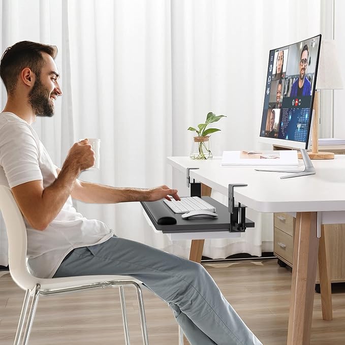 Keyboard Tray Under Desk with a Soft Wrist Rest，Under Desk Keyboard Tray Slide Out with 2 Storage Drawers，C Clamp-on Mount Ergonomic Keyboard Tray for Home and Office，26.5"x11.6"