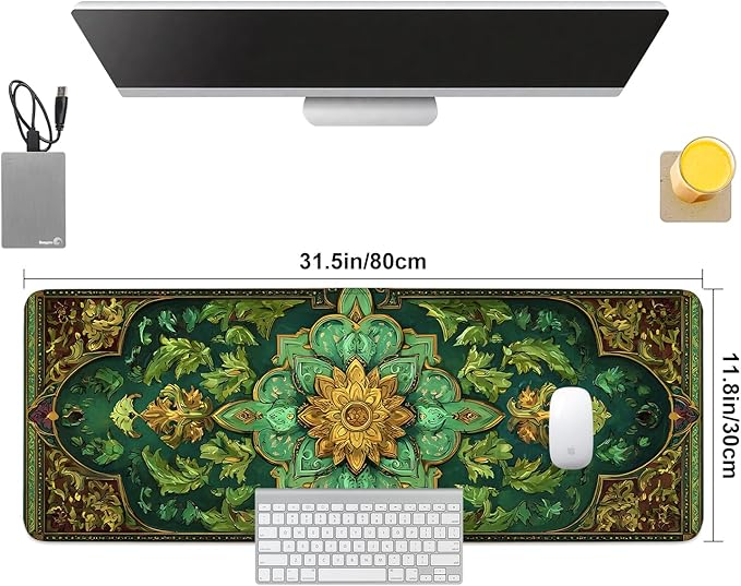 Green Vintage Floral Mouse Pad – Large Extended Desk Mat 31.5 x 11.8 in– Ornate Oriental Carpet Design with Gold & Emerald Motif, Keyboard & Mouse Pad for Office & Home