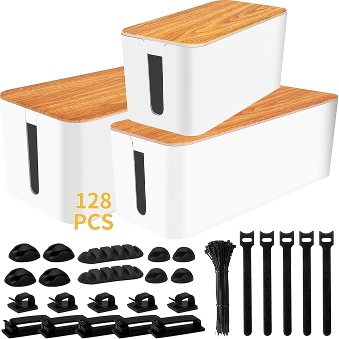 YUANYE Cable Management Box Cable Management Kit for Power Strip to Hide Wires,Cord Organizer Boxes,Safe ABS Material Wire Organizer of Cable Clips Sleeve for Home & Office,3Pack-128PCS/White