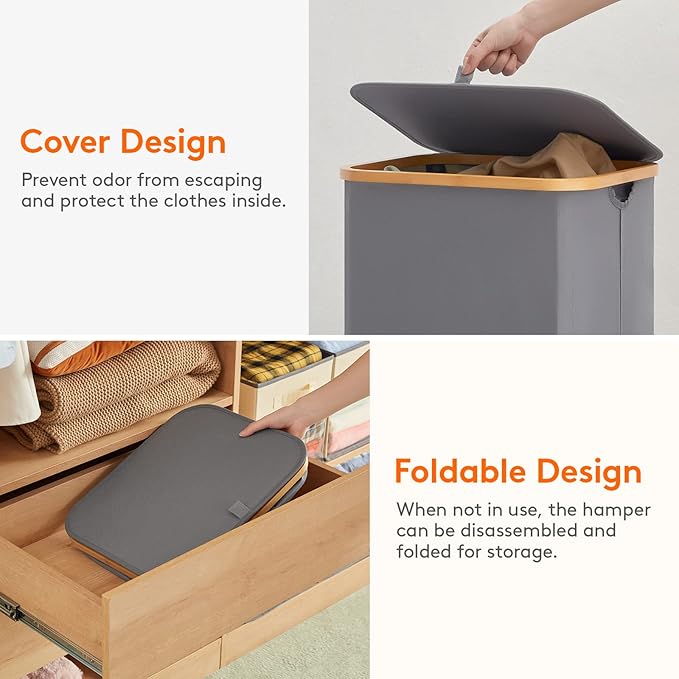 Lifewit 100L Laundry Basket with Lid, Clothes Hampers for Laundry with Bamboo Handles and A Removable Bag, Large Foldable Laundry Hamper for Bedroom, Bathroom, Dorm, Laundry Room, Gray
